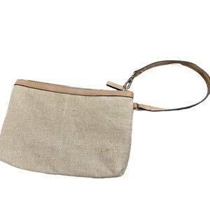 WRISTLET/Clutch Bag. Cream Canvas Bag With Tan Leather Trim, Gold Tone Hardware.